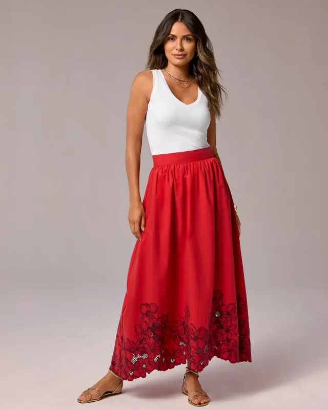 Eyelet Cutout Embroidered Midi Skirt Tomato Red made by Boston Proper