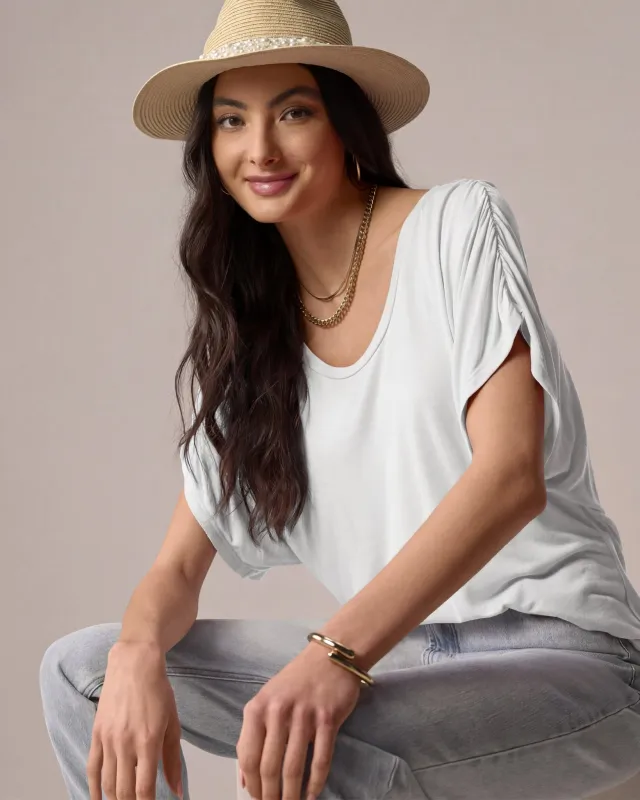Ruched Sleeve T Shirt Pure White made by Boston Proper
