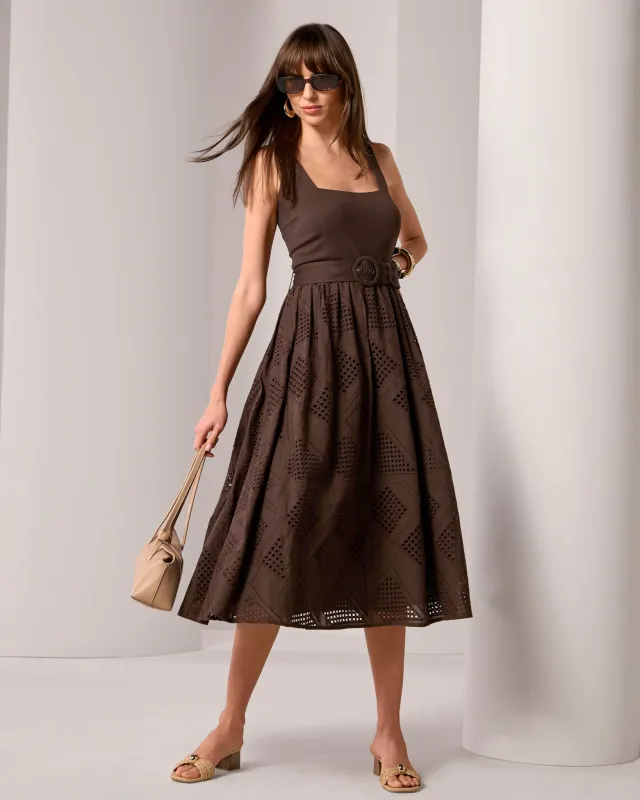 Belted Novelty Eyelet Midi Dress Chocolate Torte made by Boston Proper
