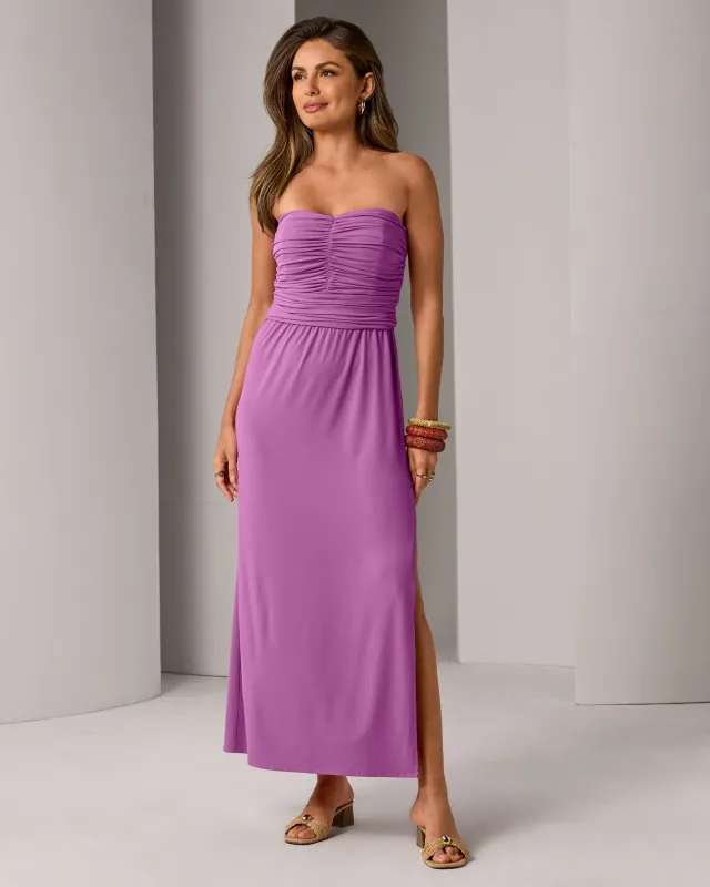 Strapless Ruched Knit Maxi Dress Radiant Orchid made by Boston Proper