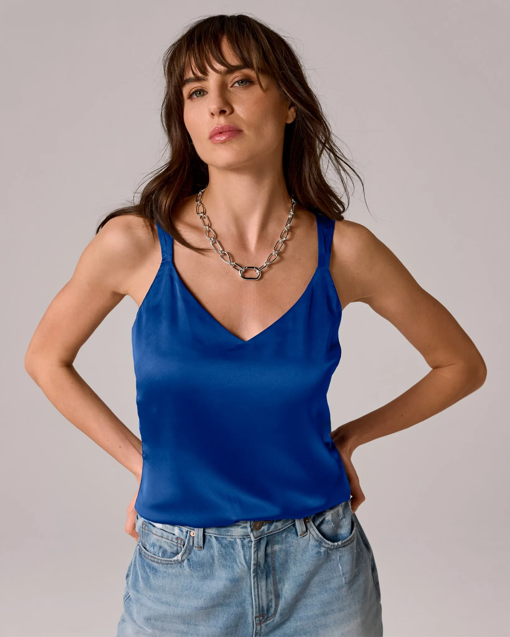 Lexi Sleeveless V-Neck Charmeuse Blouse Deep Ocean sold by Boston Proper
