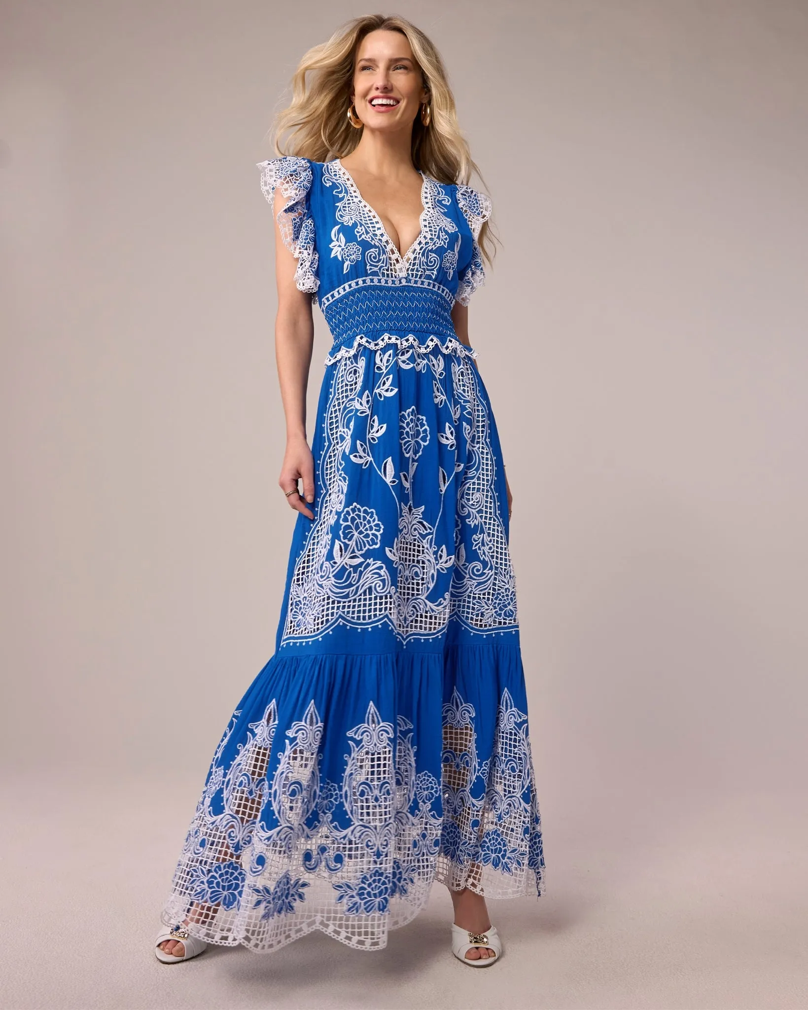 Novelty Embroidered Tiered Maxi Dress Lapis Blue sold by Boston Proper