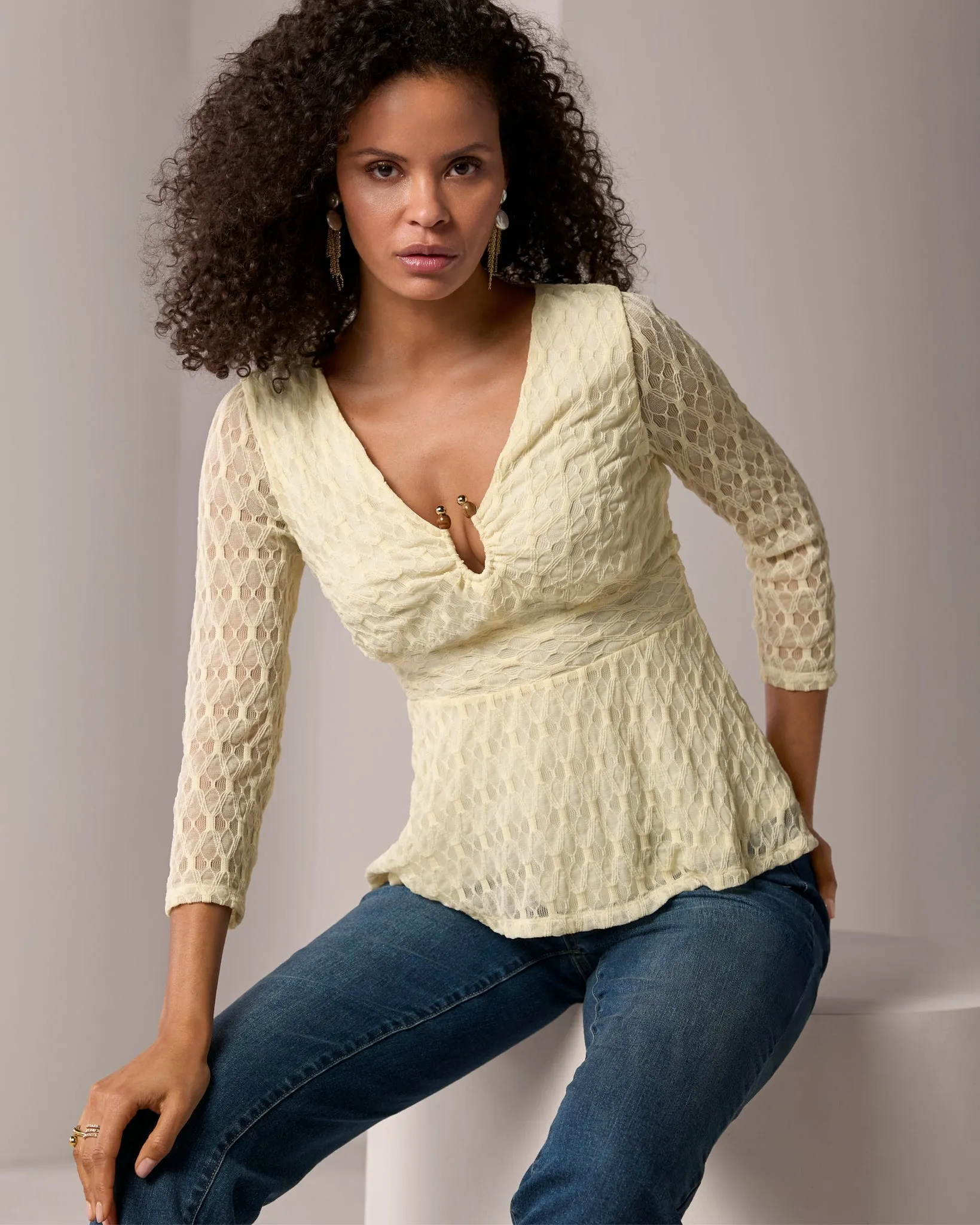 Textured Knit Top with Beaded Neck Detail White Swan sold by Boston Proper