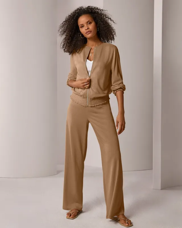 Textured Knit Smocked Jacket and Pant Set Tobacco Brown made by Boston Proper
