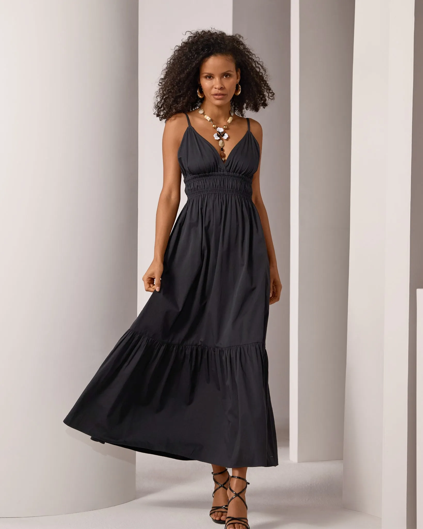 A Line Smocked Bodice Maxi Dress Black sold by Boston Proper