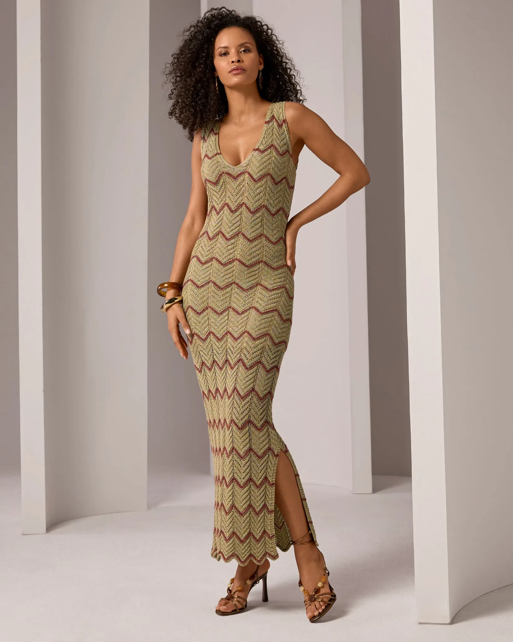 Metallic Pointelle V Neck Tank Dress Gold sold by Boston Proper