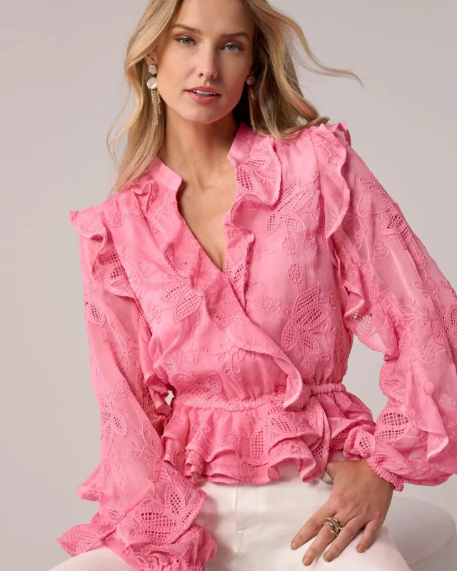 Novelty Embroidered Ruffle Blouse Pink Carnation made by Boston Proper
