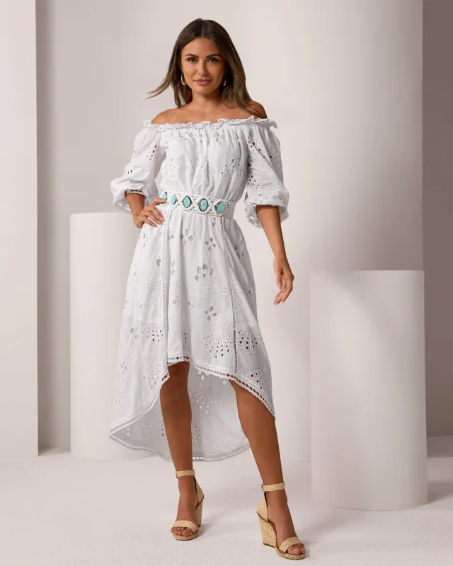 Off The Shoulder Eyelet High Low Dress Pure White made by Boston Proper