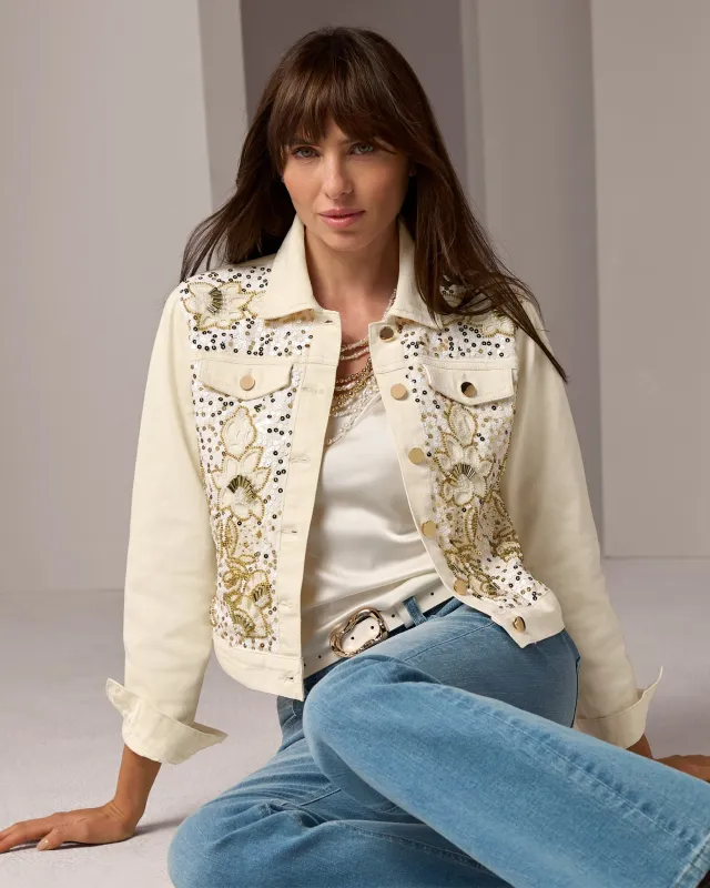 Mixed Metal Sequin and Beaded Denim Jacket White Swan made by Boston Proper