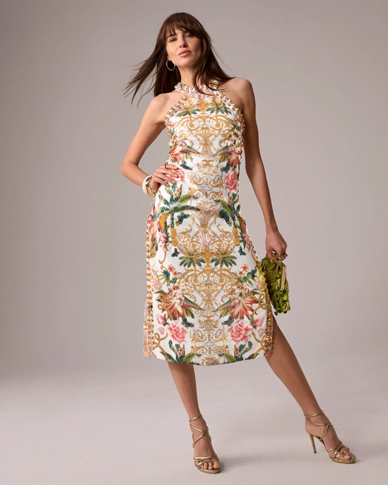 High Neck Printed Gem & Sequin Sheath Dress Vacation at the Lotus sold by Boston Proper