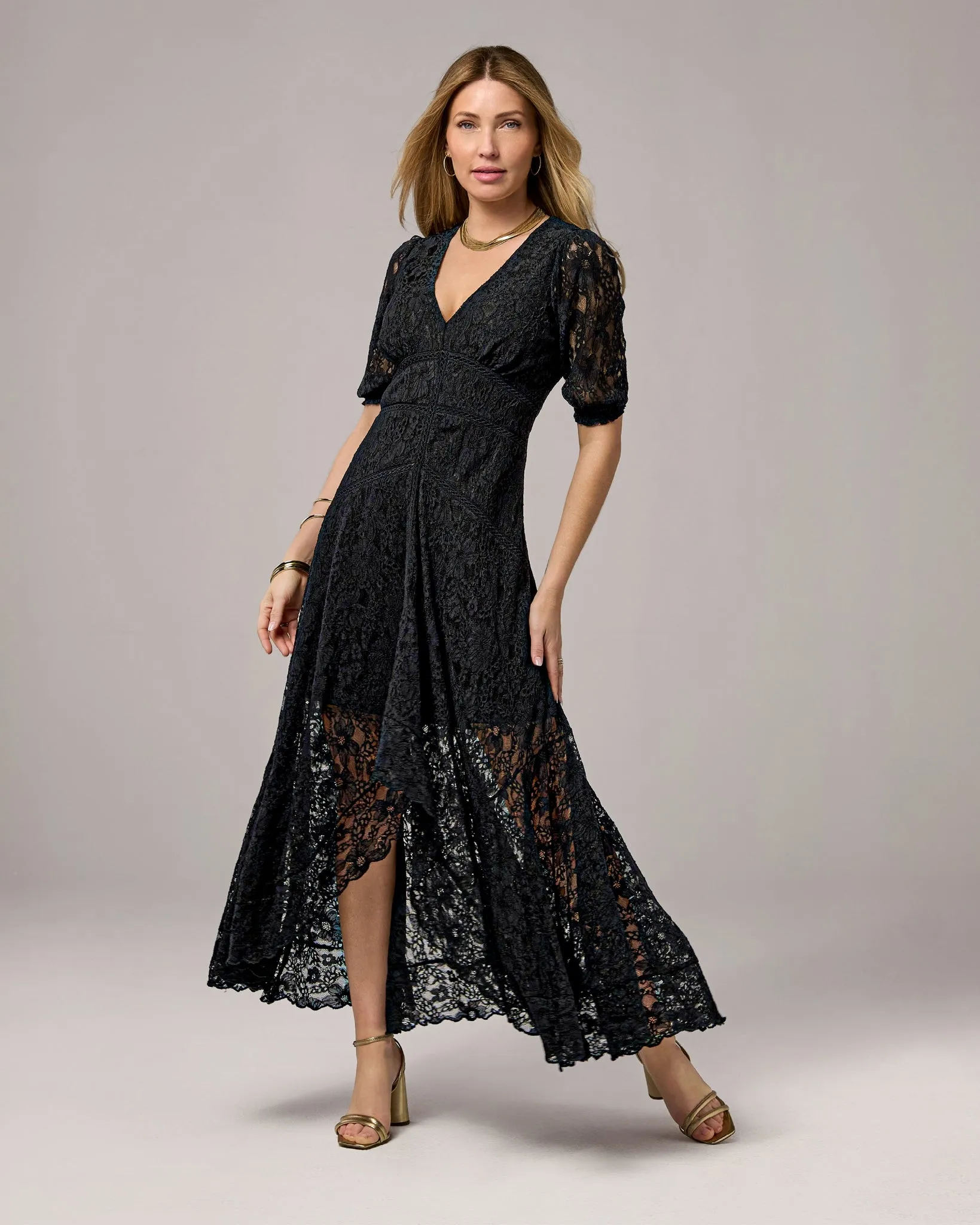 Lace High Low Puff Sleeve Maxi Dress Black sold by Boston Proper