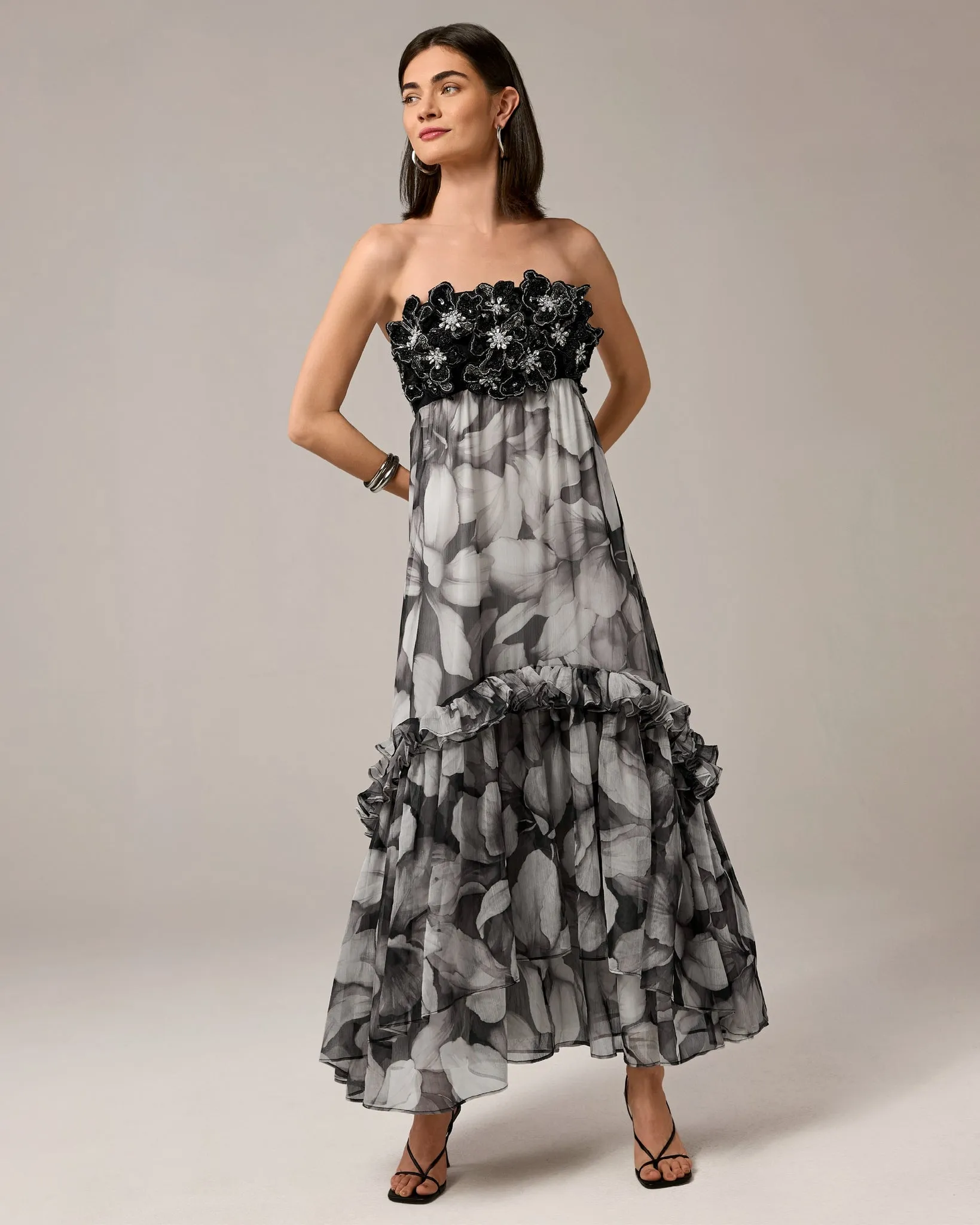Embellished Floral Applique Strapless Flowy Maxi Dress Iris Silhouette sold by Boston Proper