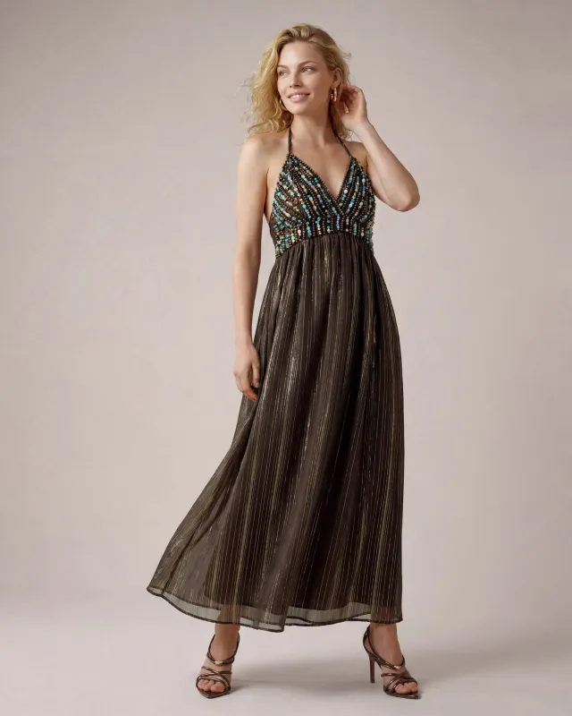 Beaded Halter Maxi Dress Safari Brown made by Boston Proper