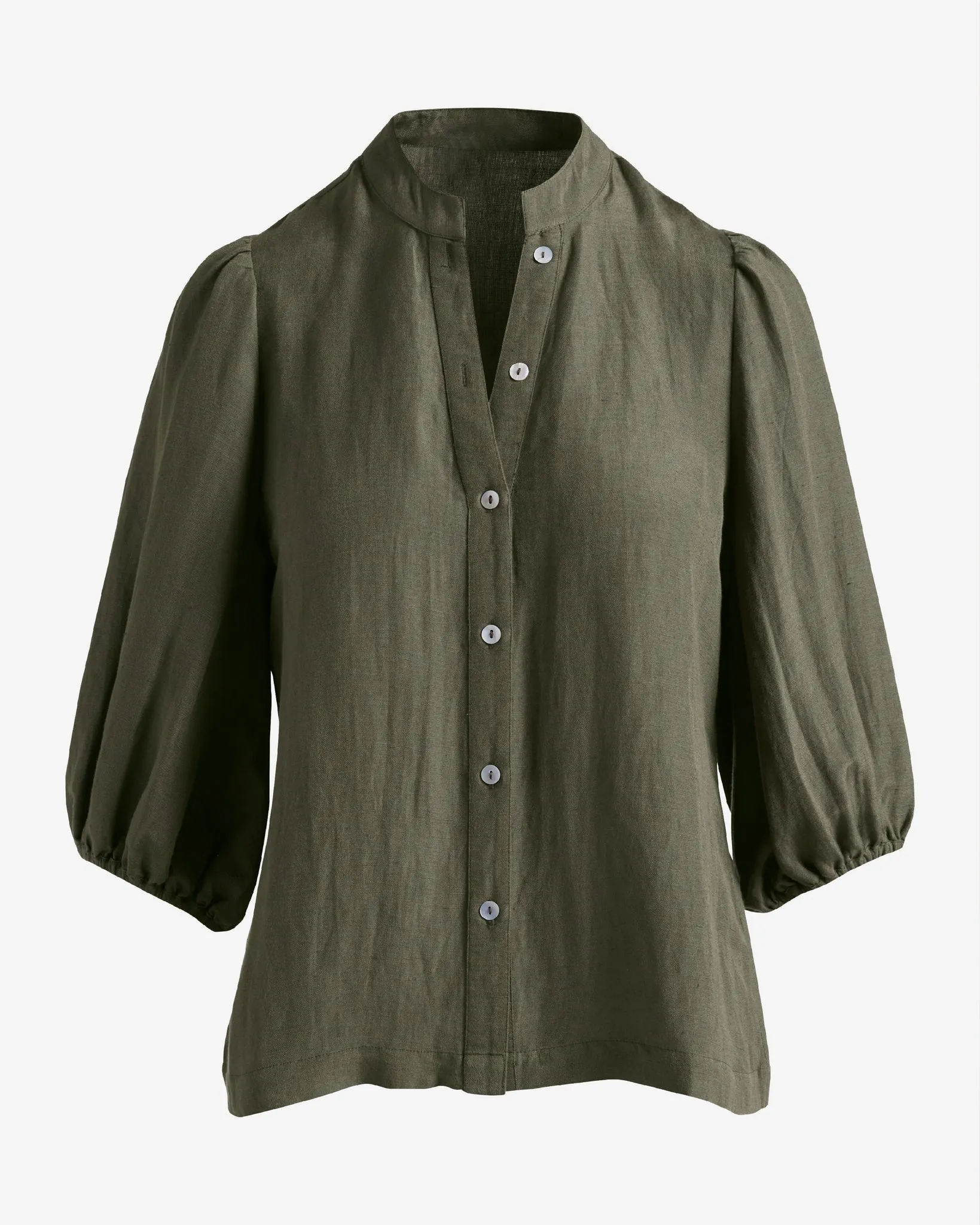 Puff Sleeve Button Up Linen Blouse Olive Night sold by Boston Proper product image thumbnail 2