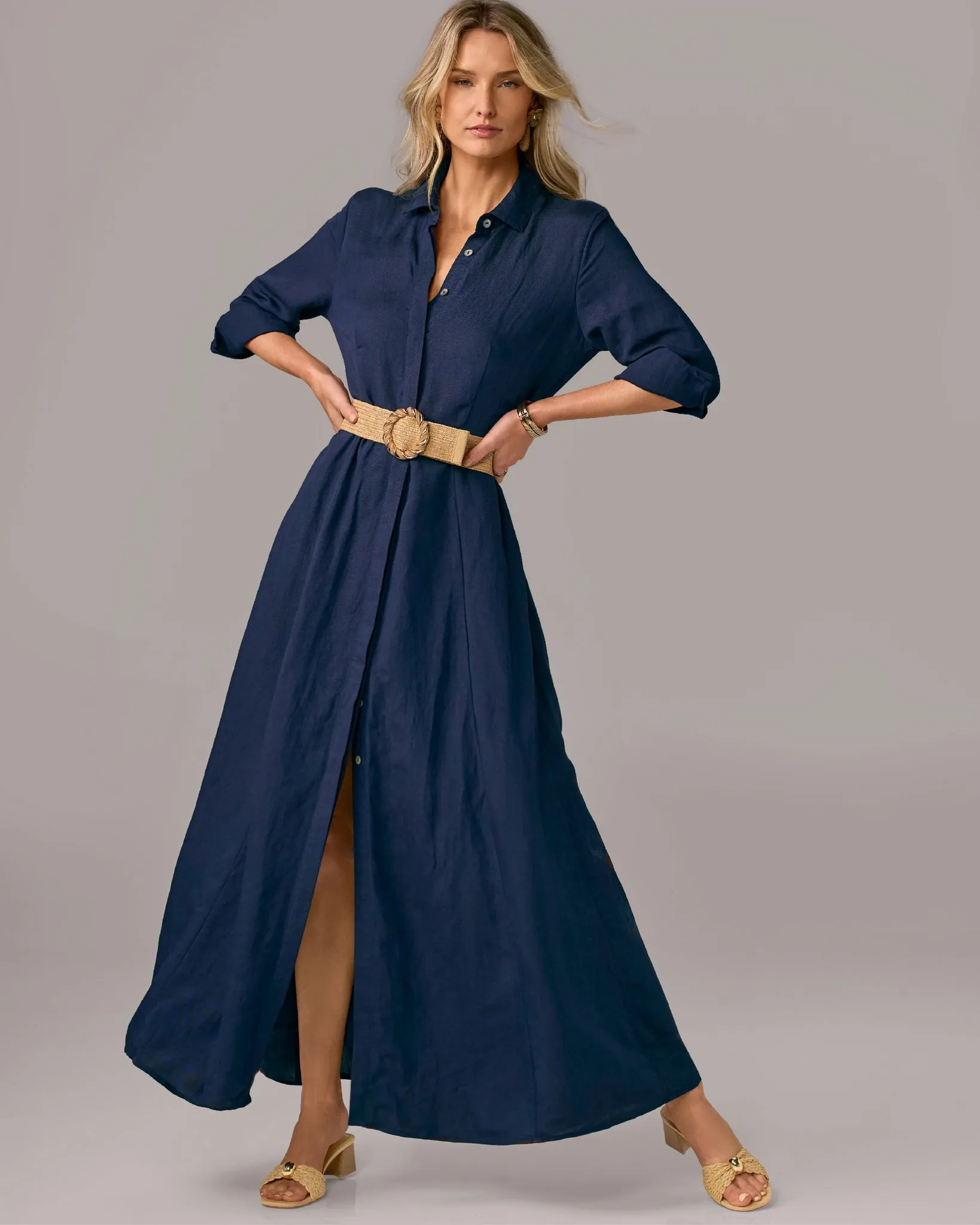Peyton Three Quarter Sleeve Linen Shirt Dress Maxi Navy sold by Boston Proper