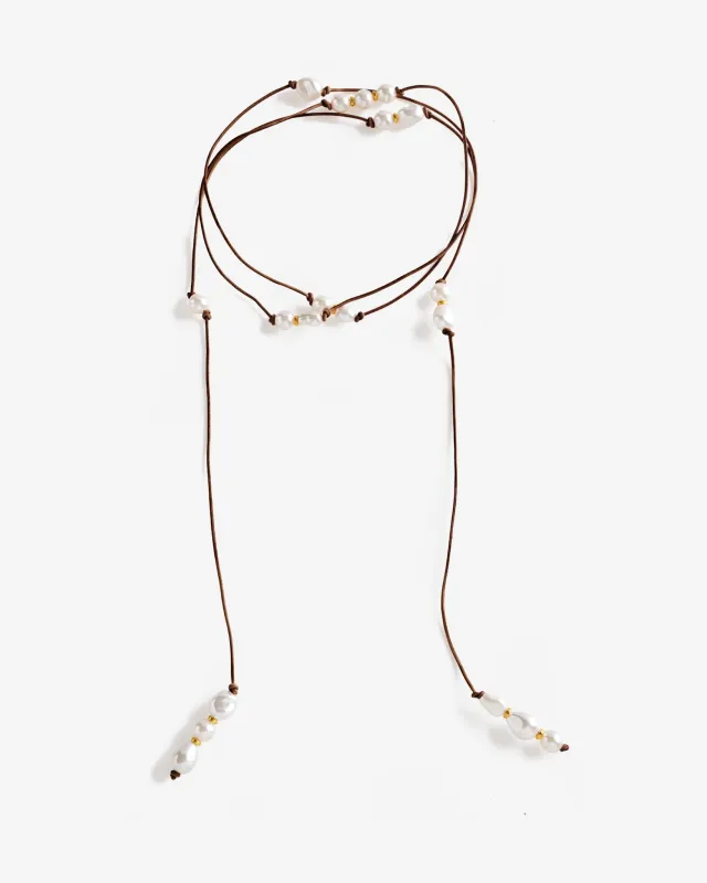 Pearl Cord Wrap Necklace Brown/White made by nOir Jewelry