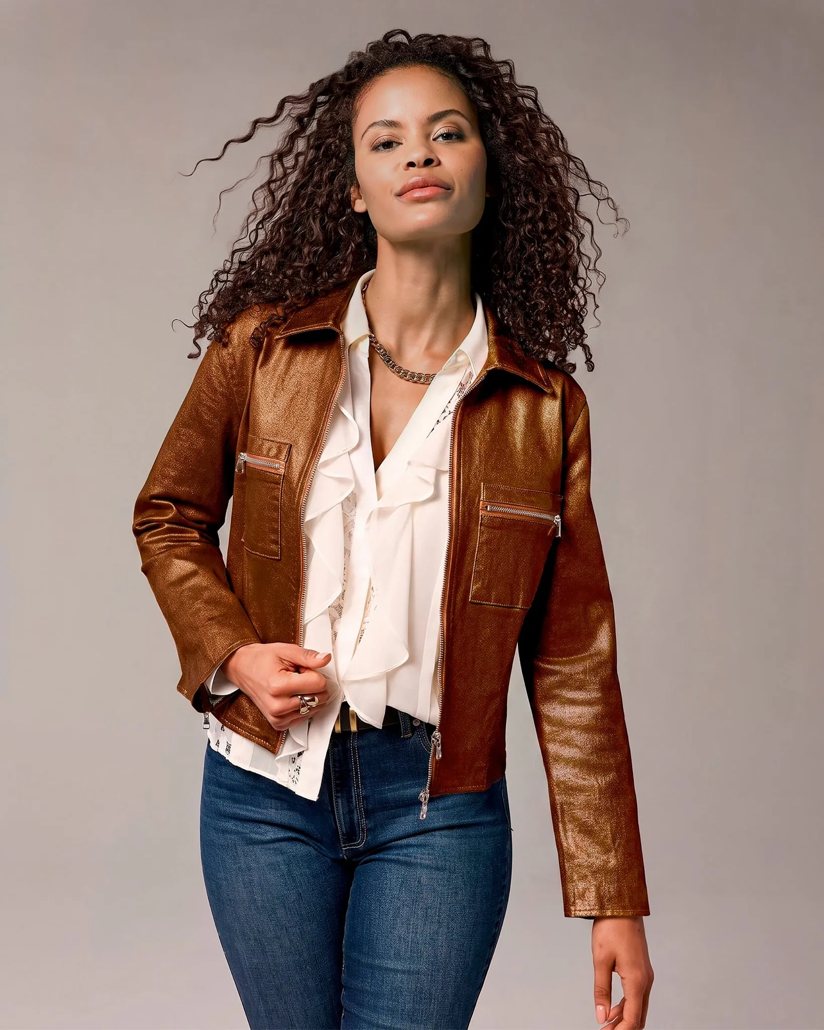 Cropped Zip Front Coated Denim Jacket Bronze Metallic sold by Boston Proper