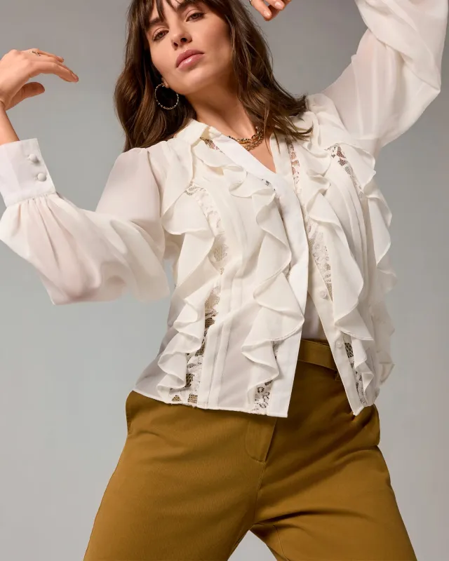 Georgette Collared Ruffle and Lace Shirt Off White made by Boston Proper
