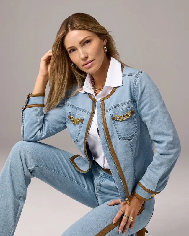 Faux Leather and Chain Trimmed Zip Front Denim Jacket Medium Wash made by Boston Proper