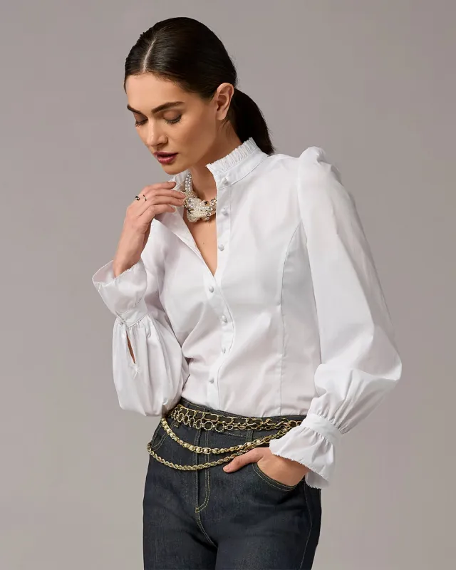 Poplin Ruffle Neck Balloon Sleeve Blouse Pure White made by Boston Proper