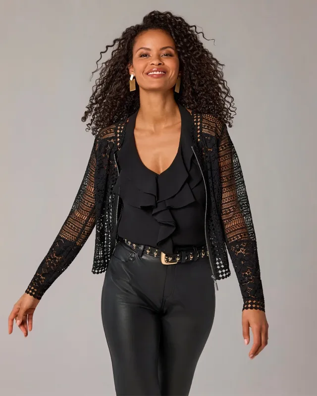 Zip Up Mixed Lace Lady Jacket Black made by Boston Proper