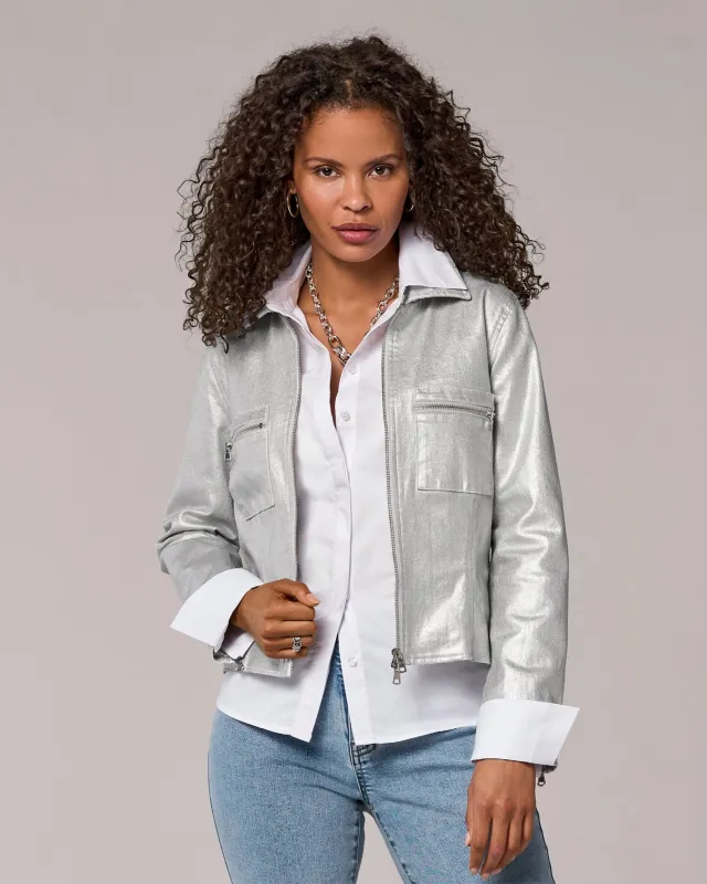 Cropped Zip Front Coated Denim Jacket Silver Metallic made by Boston Proper