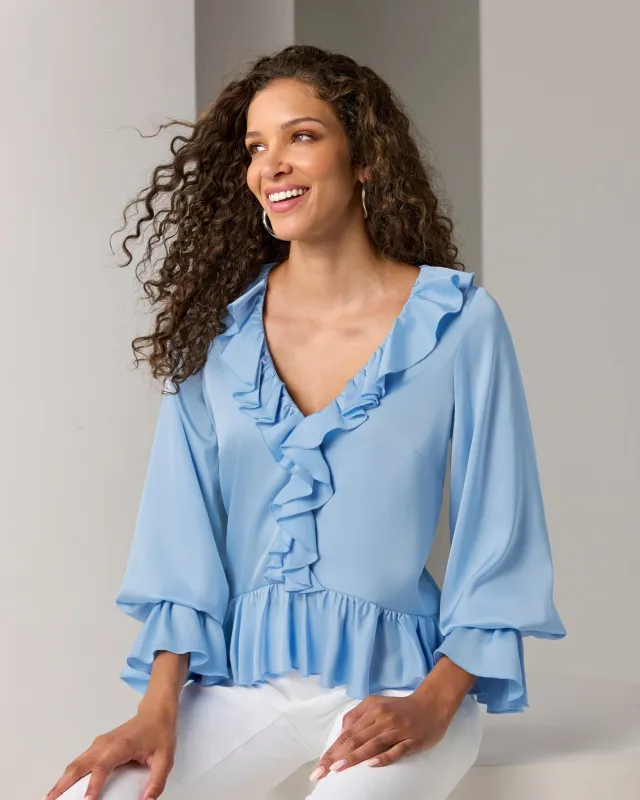 Paige Ruffle Charmeuse Blouse Blue Bell made by Boston Proper