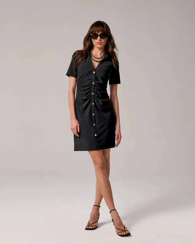 Beyond Travel Collared Ruched Short Dress Jet Black made by Boston Proper