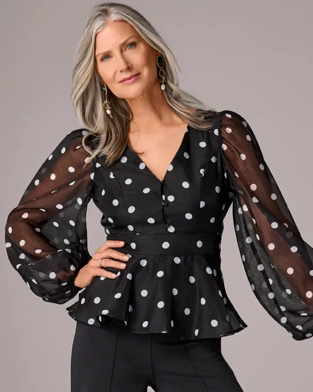 Printed Polka Dot Peplum Blouse Black/White made by Boston Proper