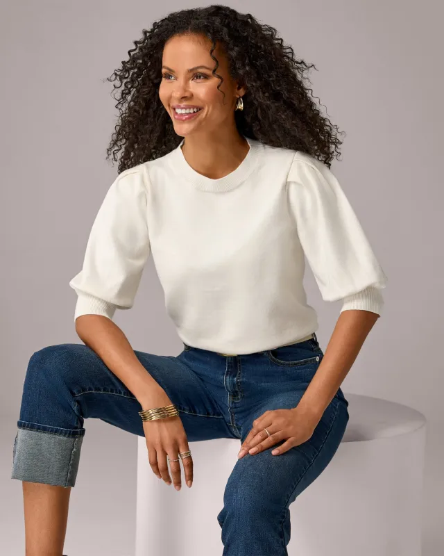 Puff Elbow Sleeve Sweater Top Off White made by Boston Proper