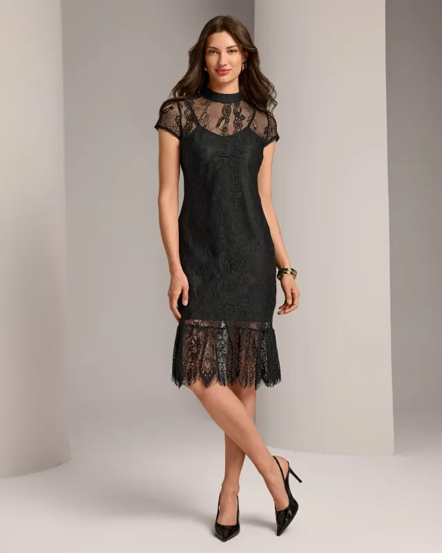 Cap Sleeve Delicate Lace Sheath Dress Black made by bagatelle