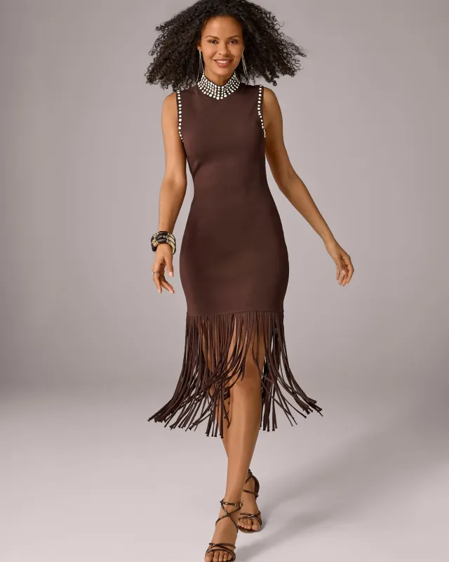 Pearl Embellished Fringe Dress Brown made by Boston Proper