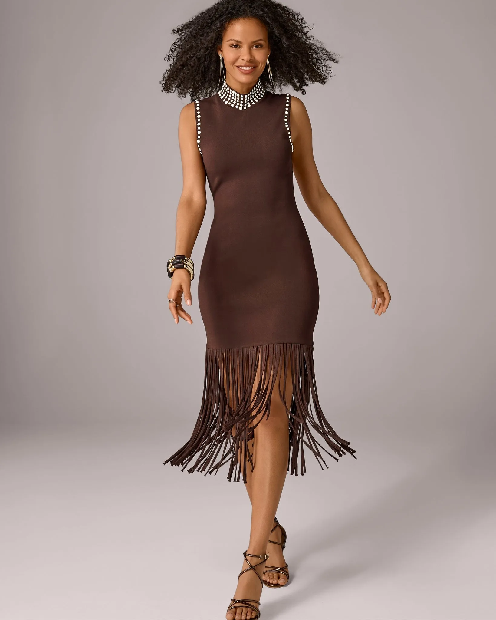 Pearl Embellished Fringe Dress Brown sold by Boston Proper