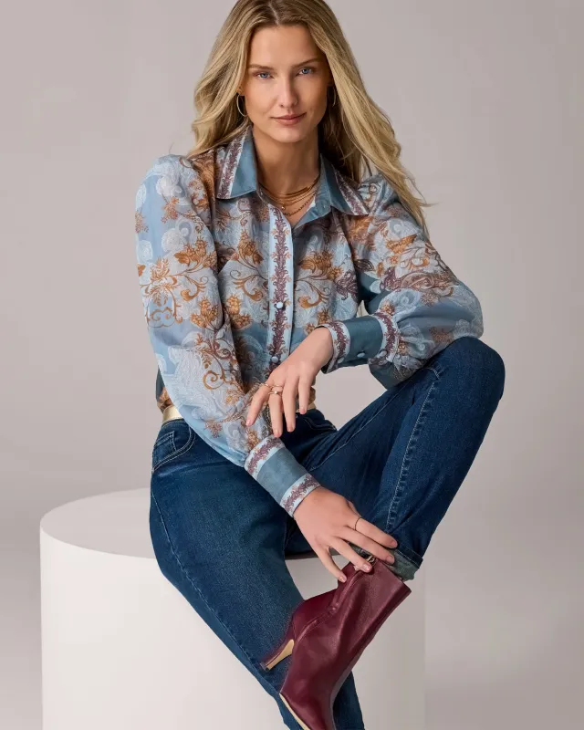 Victoria Printed Balloon Sleeve Shirt Paisley Floral made by Boston Proper