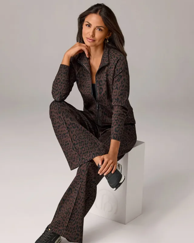 Printed Luxe Lounge Zip Front Seam Detail Jacket and Wide Leg Pintuck Pant Set On The Run Cheetah made by Boston Proper