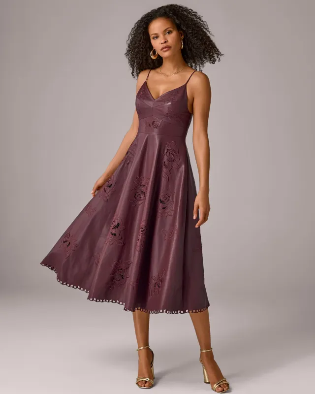 Faux Leather Floral Cut Out Fit and Flare Dress Mauve Wine made by Boston Proper