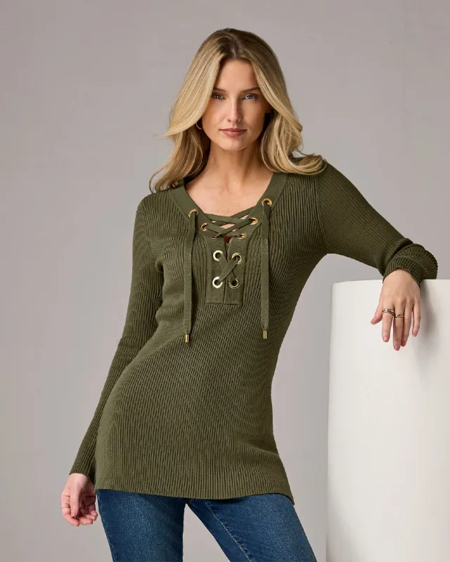 Ribbed Lace Up Sweater Tunic Olive Night made by Boston Proper