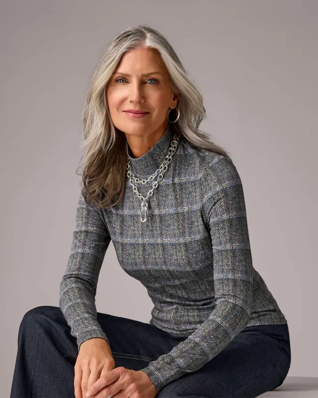 Long Sleeve Printed Turtleneck Top Plaid Fete made by Boston Proper