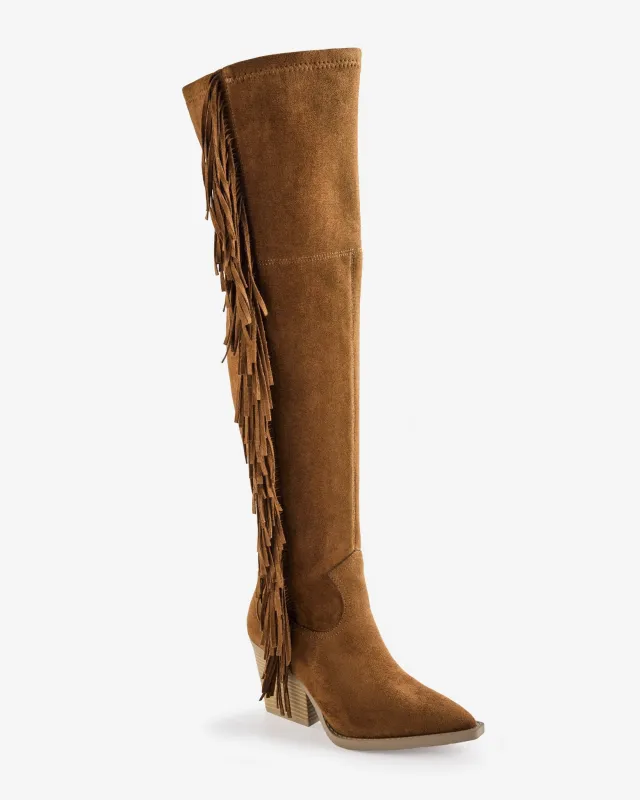 Over The Knee Fringe Detail Western Boot Cognac made by Lauren Lorraine
