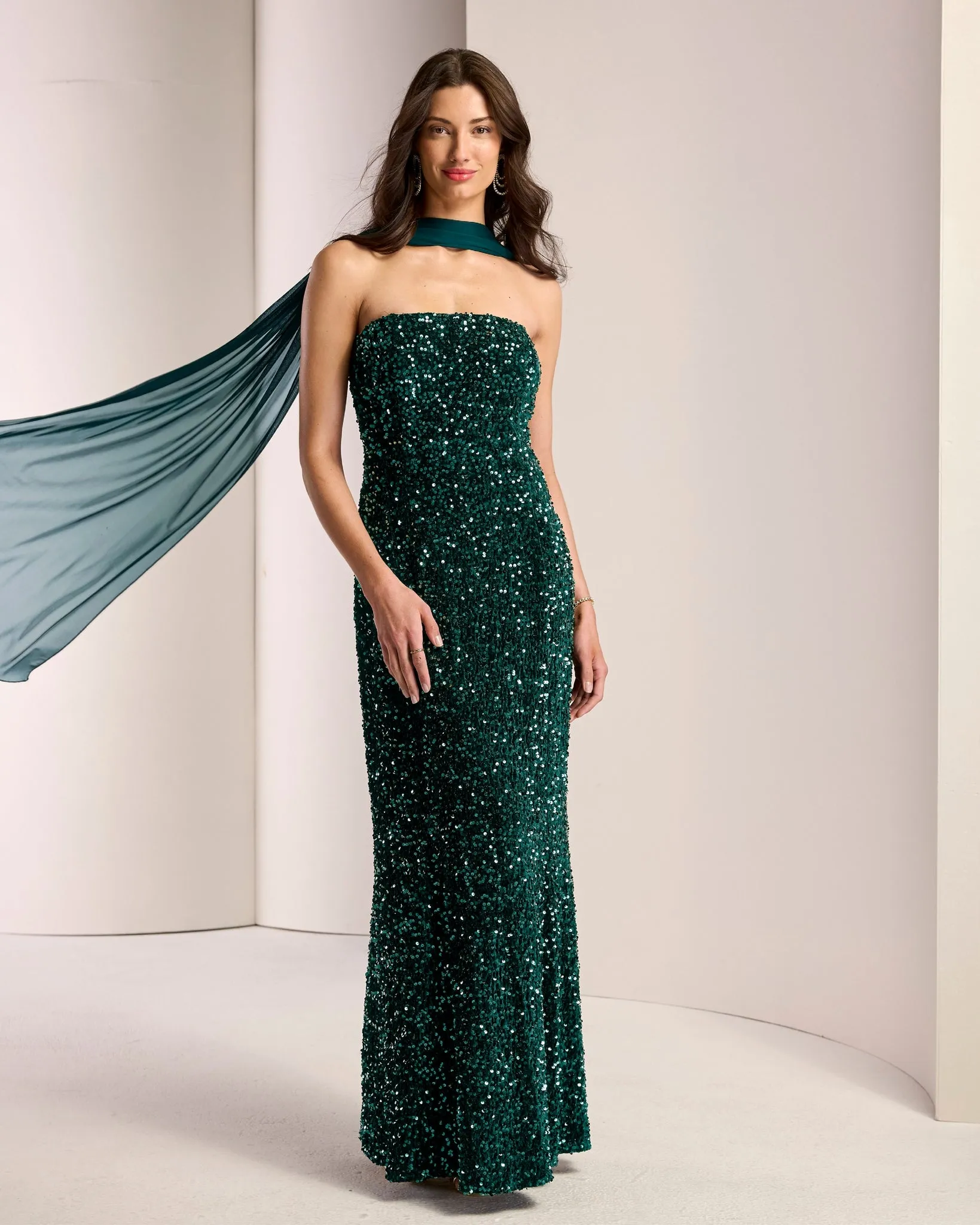 Velvet Sequin Strapless Gown with Scarf Emerald sold by Boston Proper
