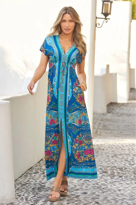 Border Scarf Print Maxi Dress Blue Multi sold by Boston Proper