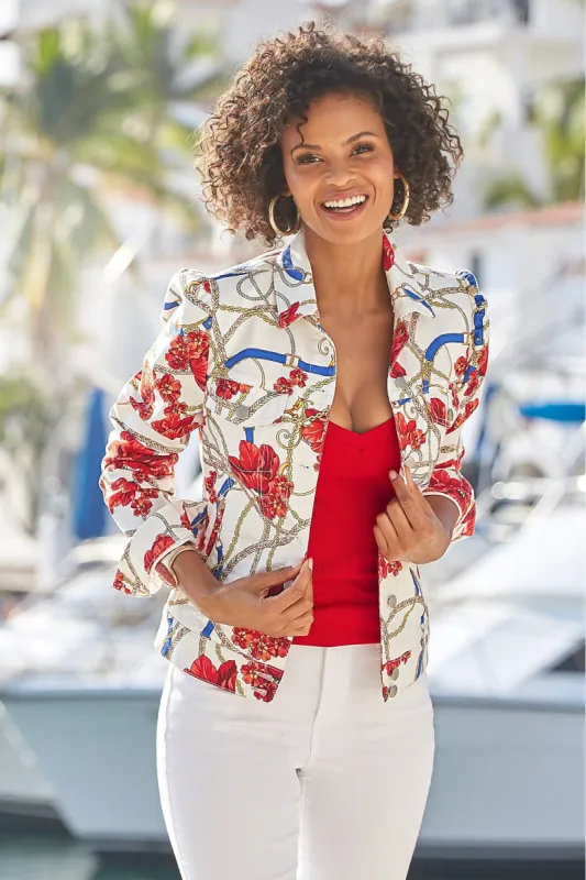 Floral Status Print Puff Sleeve Denim Jacket Red Multi sold by Boston Proper