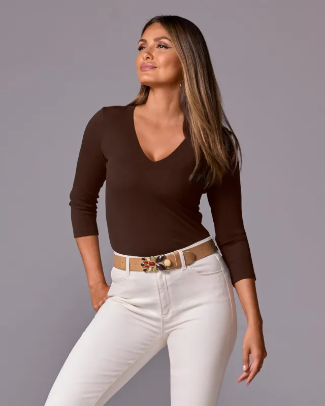 So Modern Three Quarter Sleeve Top Safari Brown sold by Boston Proper