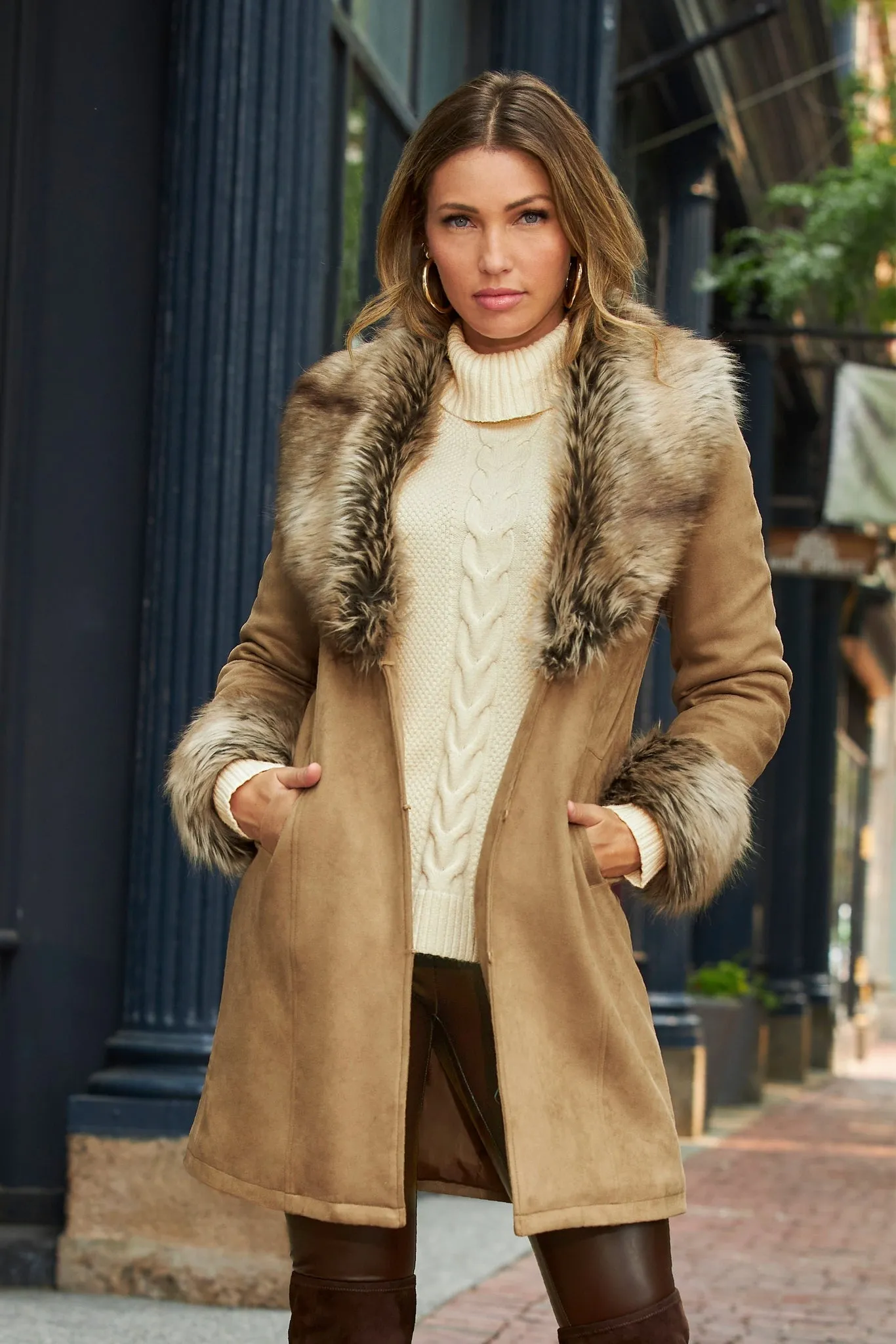 Faux Fur Trim Faux Suede Coat Camel sold by Boston Proper