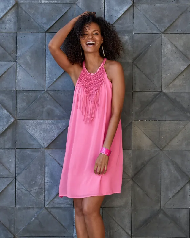 Bead Fringe Flowy Halter Dress Aurora Pink sold by Boston Proper