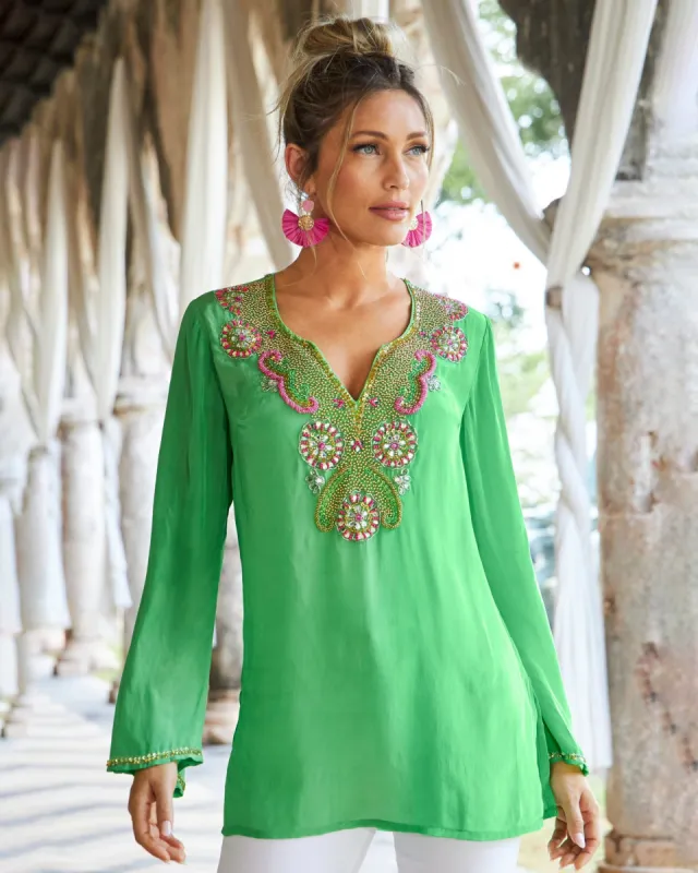 Novelty Beaded V-Neck Tunic Top Green sold by Boston Proper