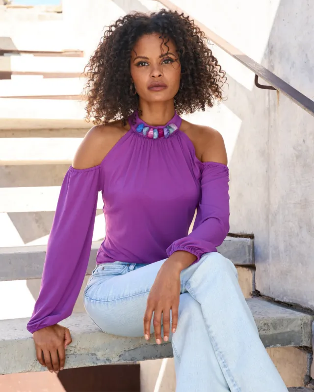 So Chic Cold Shoulder Beaded Neck Top Dahlia sold by Boston Proper