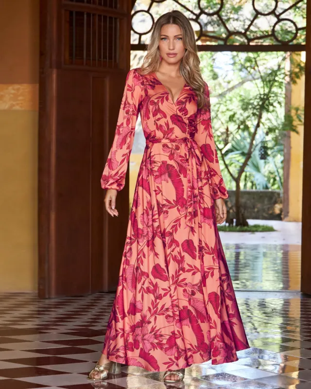 Tropical Nights Print Wrap Maxi Dress Pink sold by Boston Proper