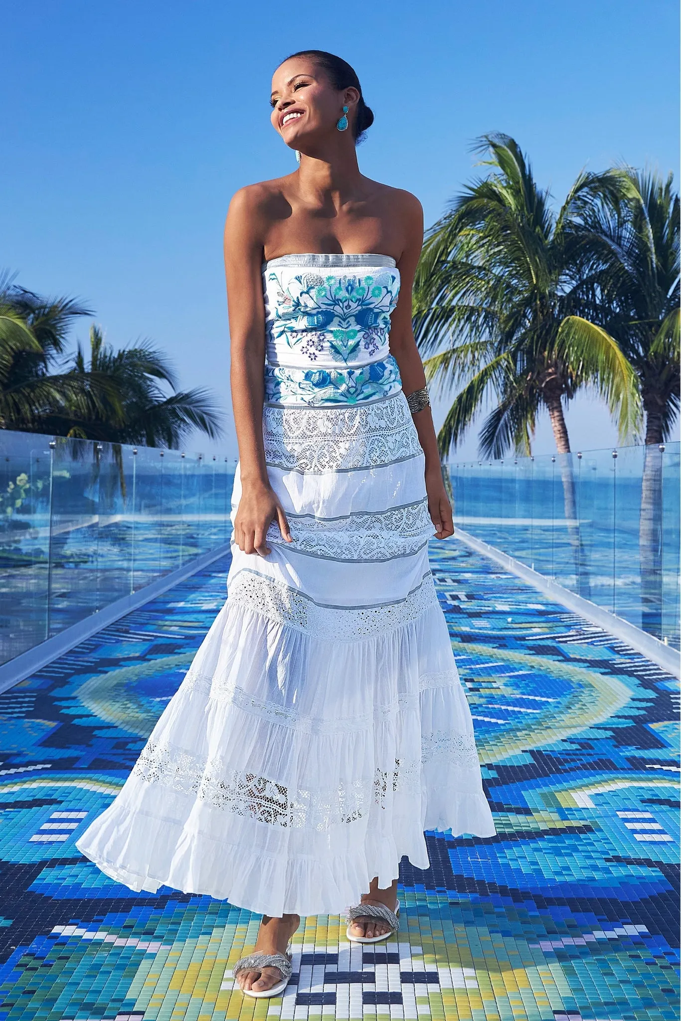 Embroidered And Embellished Lace Inset Maxi Dress White/Blue Multi sold by Boston Proper
