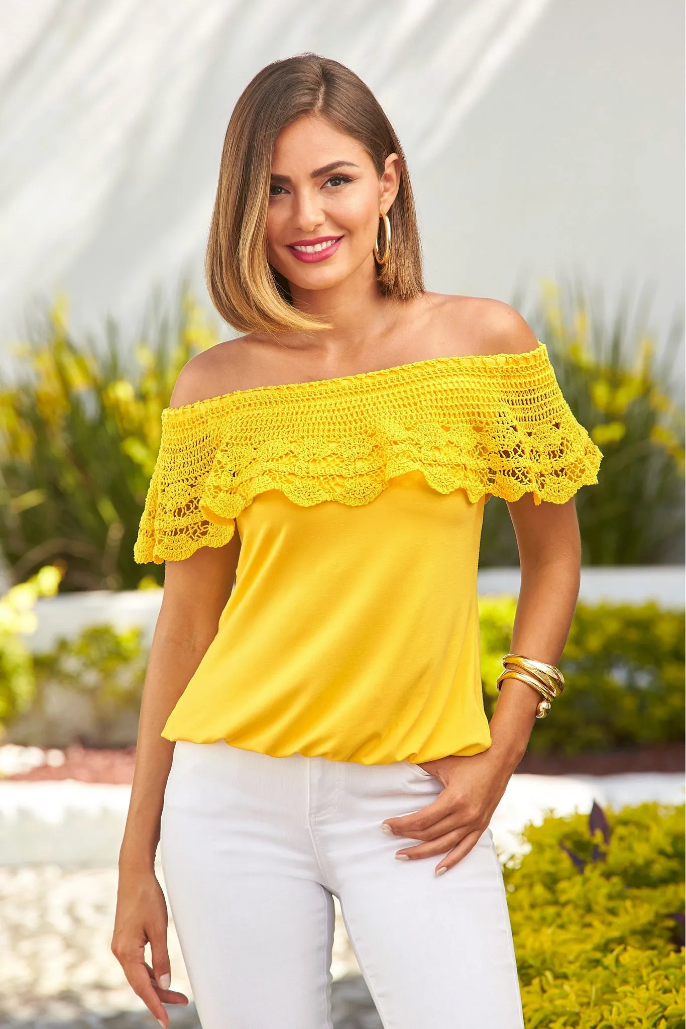 Crochet Overlay Off The Shoulder Knit Top Lemon Drop sold by Boston Proper